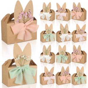 Harloon 24 Set Easter Treat Boxes Pastel DIY Easter Bunny Gift Boxes Basket for Candy Cookies Goodies Party Favors with Ribbon Artificial Flowers Rustic Cute Spring Rabbit Ears Paper Treat Bags Bulk