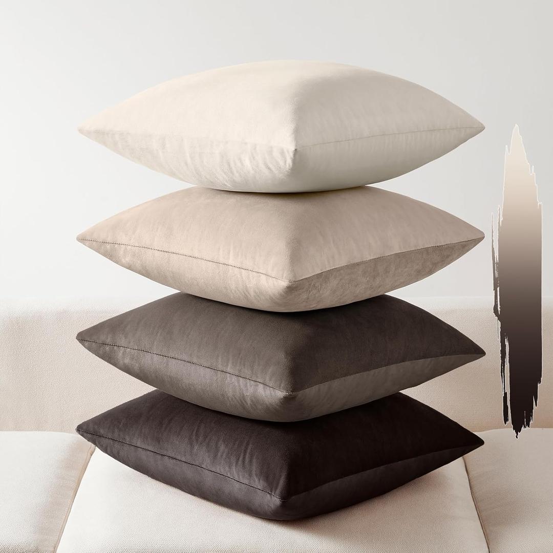 Softalker Throw Pillow Covers Set of 4, Velvet Soft Solid Colors Pillow Covers 20x20 Inch, Decorative Cushion Pillow Case for Couch Sofa Bedroom Living Room(Multi Gray/Brown)