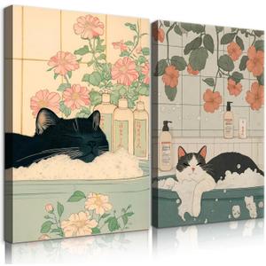 QWETTY666 Black White Cat Bathroom Wall Art Funny Japanese Canvas Wall Decor Cute Cat In Bathtub Painting Print Set of 2 Japandi Restroom Animal Picture Artwork 12x16in Ready to Hang