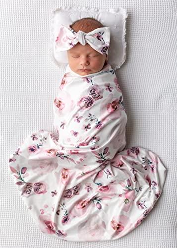 Terriboo Newborn Floral Print Blanket Baby Stretch Wrap Swaddle Receiving Blanket with Matching Headband and Beanie (Purple and Pink)