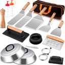 18Pcs Griddle Accessories Kit, Joyfair Stainless Steel Flat Top Grilling Spatula Accessory Tools Set with Basting Cover Burger Press, for Outdoor BBQ Teppanyaki Hibachi Cooking (Wooden Handles)