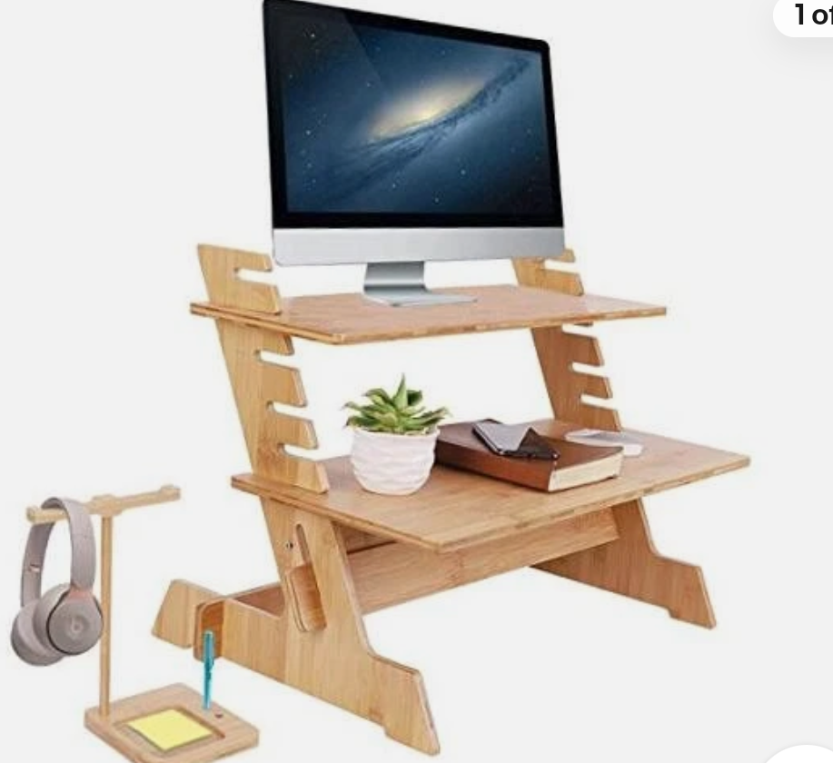 Wisfor Bamboo Standing Monitor Stand Desk Convertor Riser for Monitor Adjustable Height Standup Desk Top Laptop Workstation with Phone Headset Holder