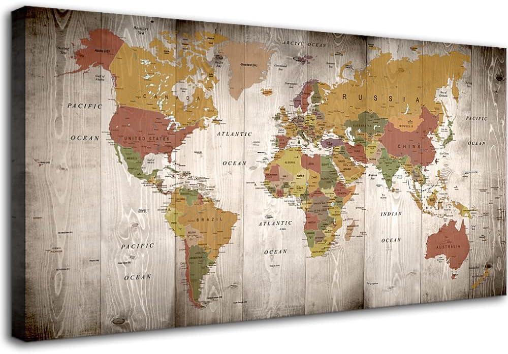World Map Wall Art for Office Nautical Wall Decor Vintage World Map Poster Modern Framed Canvas Print Art - Map of The World Wall Art for Living Room Bedroom Home Decor New Year Gift 40" x 20"