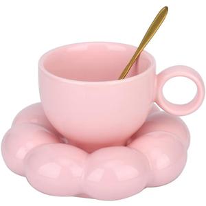 Flower Coffee Mug,Ceramic Cloud Coffee Cup and Saucer Set,Cute Mug with Flower Spoon,Kawaii Tea mug with Sunflower dish, Latte Cups 6.7oz/200ml for Office and Home for women Girls (Pink)