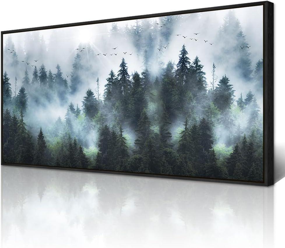 Wapluam Large Canvas Wall Art For Living Room, Office, Bedroom Wall Decorations - Black Framed Canvas Prints Artwork - Foggy Forest Landscape Pictures - Modern Wall Painting - Home Wall Art (48"L x 24"W)