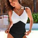 Pink Queen Women One Piece Swimsuit 2026 Patchwork Twist Front V Neck Ruched Tummy Control Swimwear Bathing Suits, Large
