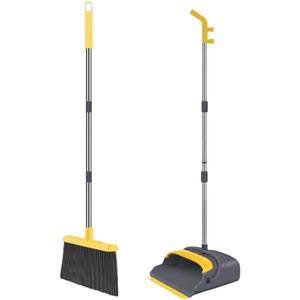 Broom and Dustpan Set with Long Handle - Upright Dustpan & 3 Rows Dense Bristles, Ideal for Home, Office, Kitchen, Lobby, Shop, All-Purpose Indoor & Outdoor Sweeping,Gray&Yellow
