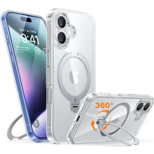 TORRAS 360° Spin Magnetic Stand for iPhone 16 Case 6.1 inch, Compatible with Magsafe, 12FT Military Grade Protection, Shockproof Slim Case for iPhone 16 Phone Case with Kickstand & Ring Holder, Clear
