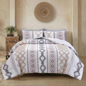 MOVE OVER Beige and Gray Tufted Comforter Set Queen Size 5 Pieces Bohemian Style Geometric Tufted Bedding Set Farmhouse Boho Aztec Comforter Set with 2 Decor Pillow Covers for Room Decor (White)