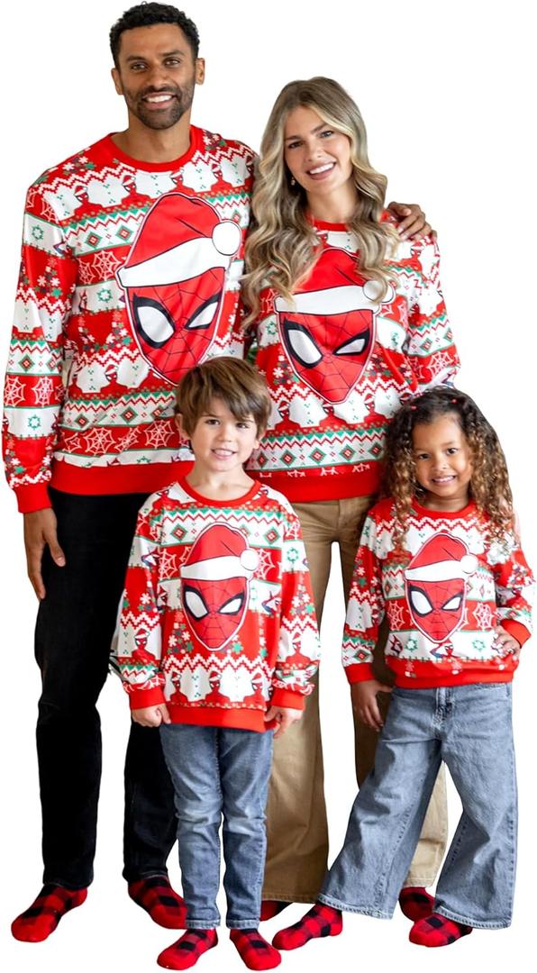 Disney family matching sweatshirt Stitch Mickey Spiderman print long sleeve winter Christmas mom dad kids loose fit red (L)