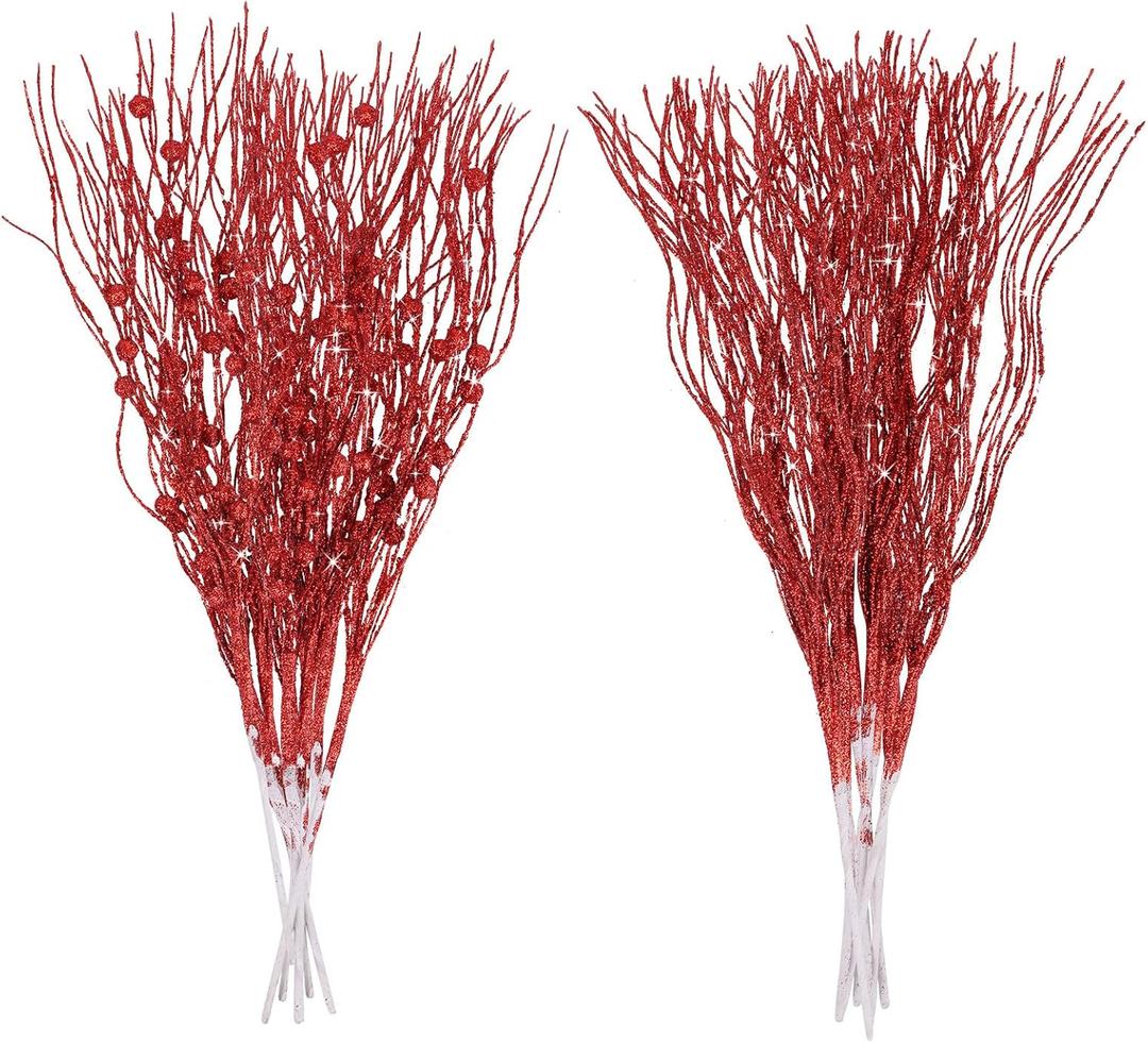 LOAVER 18 Pack Christmas Artificial Glitter Berry Stem Ornaments,15.7 Inches Decorative Xmas Picks Glittery Twigs Bead Sticks for Christmas Tree DIY Crafts Vase Fillers Party Supplies(Red)
