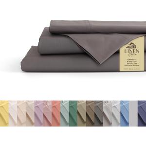 Linen Home 100% Cotton Percale Sheets King Size, Charcoal, Deep Pocket, 4 Pieces Set - 1 Flat, 1 Deep Pocket Fitted Sheet and 2 Pillowcases, Crisp Cool and Strong Bed Linen