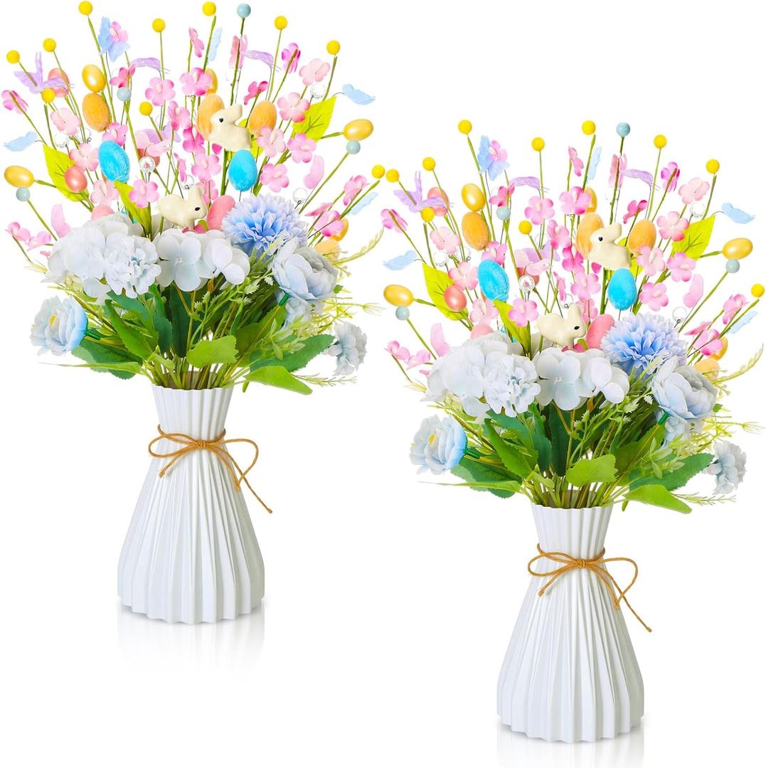 2 Set Easter Table Decorations Artificial Blue Flower Egg Rabbit Potted Table Centerpiece for Easter Spring Office Home Farmhouse Fireplace Wedding Party Decor(Tea Rose&Peony)