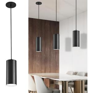 4" Pendant Lights Kitchen Island, 25W Cylinder Hanging Lights with Dipswitch, Modern Eye Care Led Pendant Lamp fixtures for Bedroom, Living Room, Office (Black, 1 Pcs)