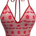 MakeMeChic Women's Floral Halter Crop Tops V Neck Tie Open Back Sleeveless Y2k Tank Tops (Red, M)