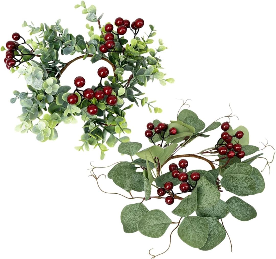 2pcs Christmas Candle Artificial Eucalyptus Berry Wreaths for Festive Table Decor for Holiday Parties Home Decoration Random Styles