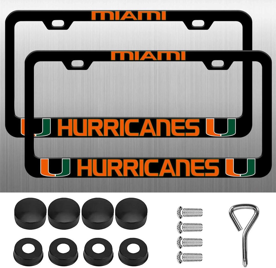 2 Piece License Plate Frame for Miami Hurricanes, 2 Holes License Plate Holder for UM,Universal Aluminum Tag Frame for License Plate for Cover Front and Rear Car Tags (Black)