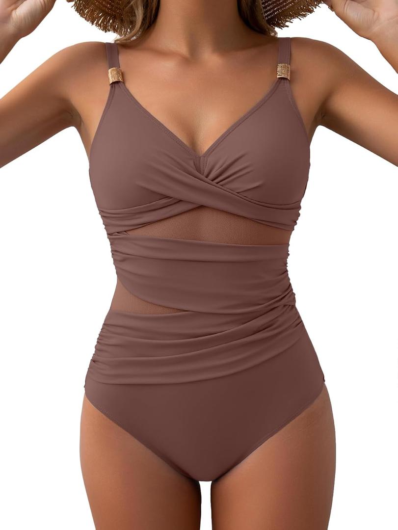 Women's Mesh One Piece Swimsuits Tummy Control V Neck Bathing Suit Sexy Push Up Swim Suit Slimming Swimwear (Brown, XL)