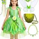 Fairy Princess Costume Set with Wings, Girls Forest Halloween Birthday Party Dress, Floral Wristband Wand 5-6T