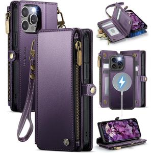 Defencase for iPhone 15 Pro Magnetic Wallet Case Compatible with Magsafe with RFID Blocking Zipper Strap Card Holder for Women, PU Leather Detachable Phone Case for iPhone 15 Pro (6.1 inches), Purple