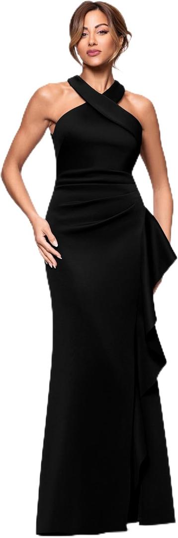 Xscape Women's Techno Scuba Criss Cross Halter Neck Ruffle Floor Length Dress, 4 Petite, Black 