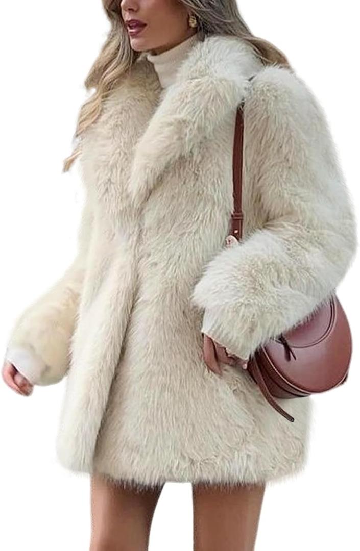 Wyeysyt Womens Faux Fur Coat Fluffy Lapel Furry Jacket Long Sleeve Shaggy Long Coat Winter Warm Coats Outerwear (Small, Apricot)