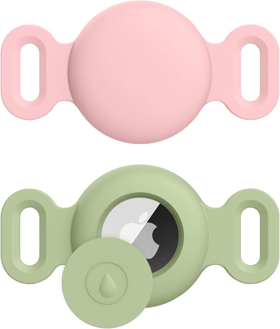 Airtag Dog Collar Holder for Apple Airtag Dog Tracker, 2 Pack GPS Tracking Accessories Anti-Lost Silicone Air Tag Holder Case for Pet Cat Dog Collars (Pink+Matcha, Small)