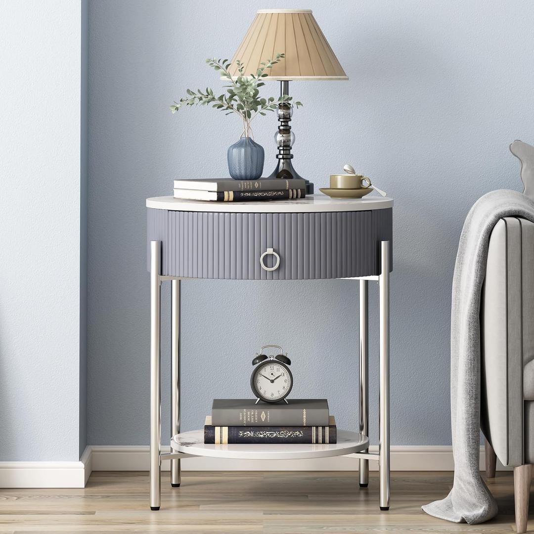 OIOG Round Side Table with Drawer, Modern Nightstand with Shelf and Chrome Finish Metal Legs, 2 Tier End Table for Living Room, Bedroom, Office, Marbling Natural Stone/Silver, 21.26 inches x 21.26 inches x 23.66 inches