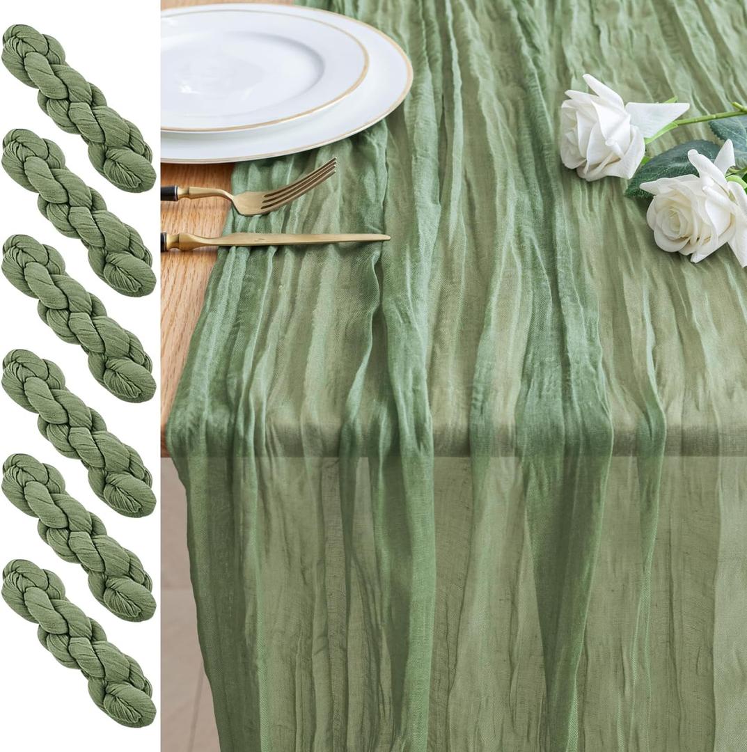 6PCS Table Runner Cheesecloth 10FT Sage Green Boho Gauze Cheese Cloth Rustic Sheer Table Runners for Wedding Bridal Baby Shower Party Decoration (6 Pack)