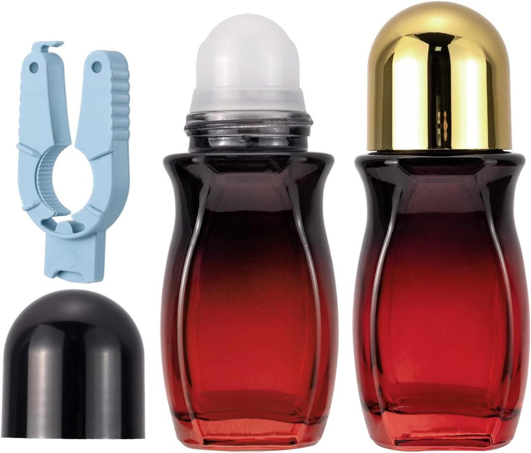 Kesell 2Pack 50 ml Glass Roller Bottles Empty Deodorant Container Gradient Red Glass Roll On Bottles with Gold and Black Caps (Includes 1 Opener)
