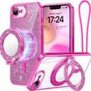 Meifgino Magnetic Case with Removable Phone Ring Stand for iPhone 16E 6.1, [Glitter Card & Wrist Strap] [MagSafe Compatible] [Built in Mirror] Phone Ring Stand + Phone Case Kit, Hot Pink