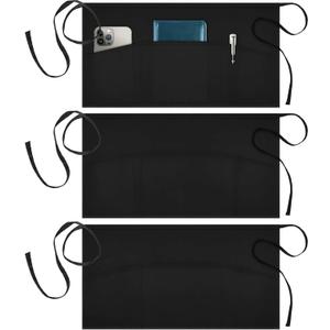Syntus 3 Pack Server Aprons with 3 Pockets, 100% Cotton Waitress Waiter Waist Apron, 11.5-inch Black