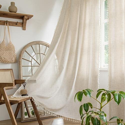 Setaback Boho Curtains for Bedroom Living Room 63 Inches Light Filtering with Beige Tassels Bohemian Farnhouse French Country Drapes Kitchen Window Treatment, 52" x 63", Natural, Set of 2