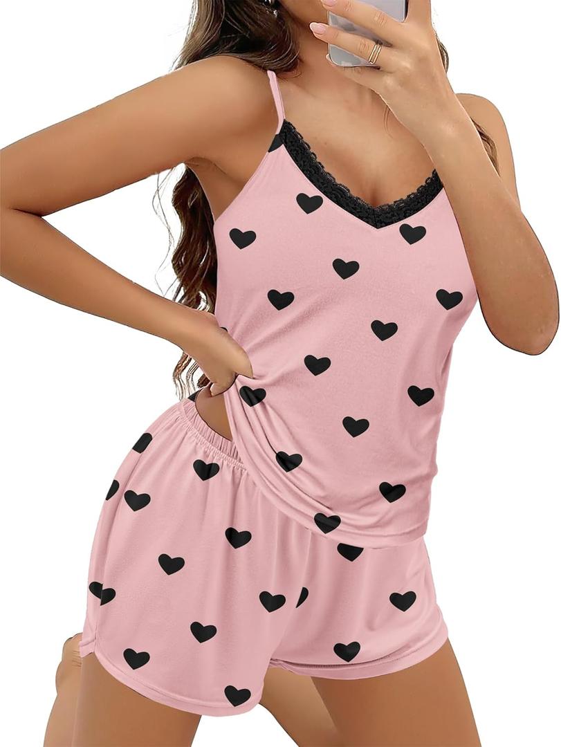 Ekouaer Pajama Sets for Women 2 Piece Soft Lingerie Sleepwear Cute Print Cami Pj Shorts Set Lace Nightwear (Medium, Black Heart)