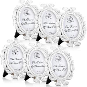 Vicenpal 6 Pieces Mini Gold Picture Frames 3.2 x 4 Inch Vintage Small Antique Resin Baroque Picture Frames Bulk Oval Hanging Display for DIY Jewelry Gifts Christmas Wedding Decor (White)
