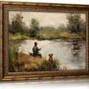 Vintage Gold Framed Wall Art Boy Fishing Country Oil Painting Canvas Prints Peaceful Lake Landscape with Dog Picture Rustic Farmhouse Poster Artwork for Nursery Living Room Bedroom, 16x24in