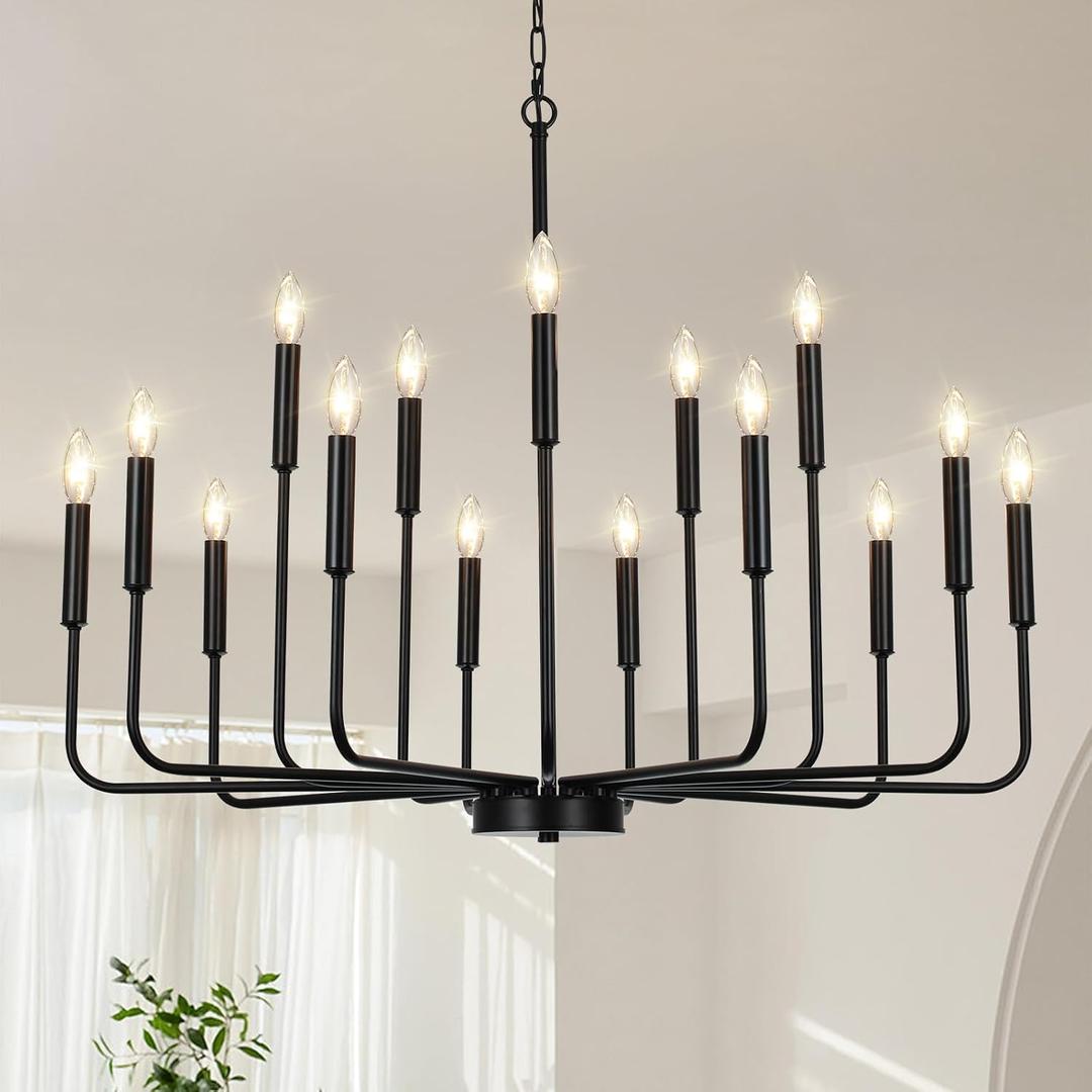 Black Chandeliers for Dining Room Light Fixture Over Table, Modern Farmhouse Chandeliers for Living Room,15-Lights Industrial Metal Candle Lighting Fixtures for Entryway Kitchen Island Foyer