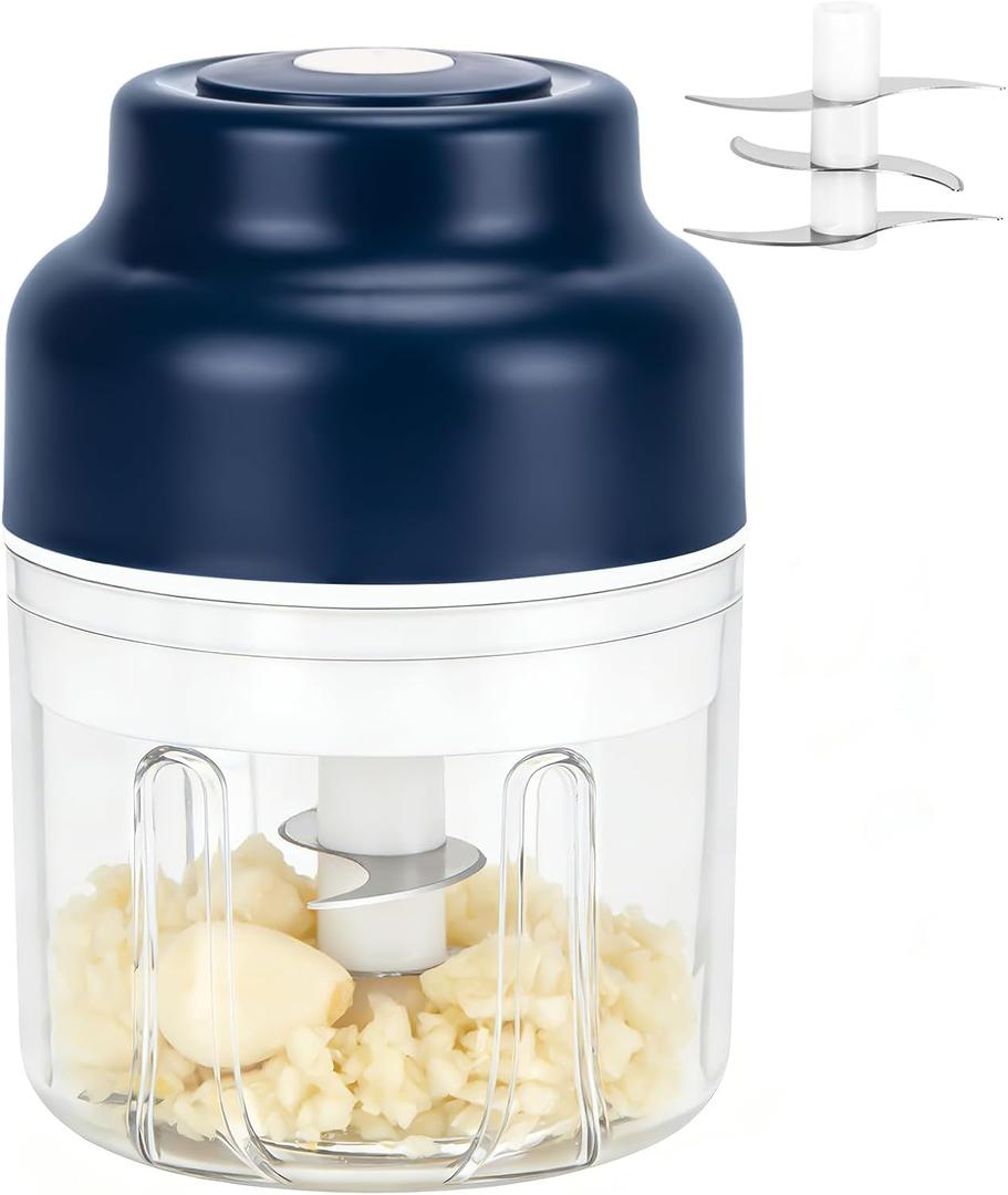 Mini Electric Garlic Chopper 320ML, USB Rechargeable Cordless Food Processor with 6 Stainless Steel Blades, Portable Onion Mincer for Vegetables, Chili, Ginger, Nuts, Meat & Fruits
