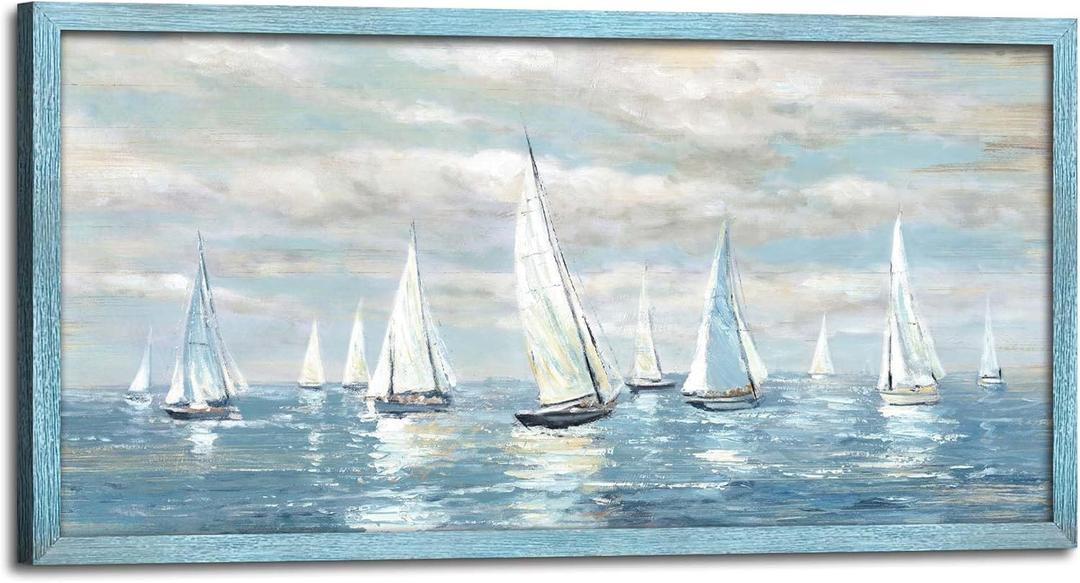 Ocean Wall Art Bathroom Framed: Abstract Seascape Wooden Picture Decor Sailboat Nautical Print Artwork Blue Sea Sailing Painting for Bedroom Living Room Home (24"L x 12"W)