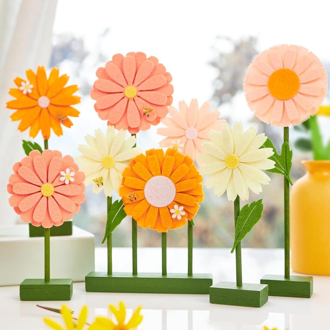 SUNBEAUTY 8 PCS Daisy Felt Centerpieces for Tables Flower Birthday Decorations Daisy Birthday Party Decorations Pink Orange Spring Floral Table Decor for Girl Birthday Baby Shower Garden Home Decor, Small