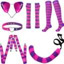 Pink and Purple Striped Cat Costume Accessories, Furry Cat Headband and Tail, Halloween Party Dress Up (Set of 6)