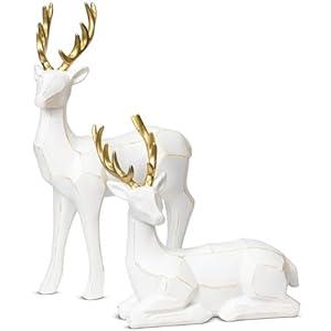 KI Store Set of 2 White Deer Figurines with Gold Antlers 12-Inch Resin Standing and Sitting Deer Figures Reindeer Decorations for Christmas Decor Display