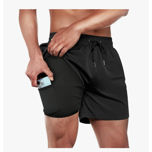 BRISIRA Men's Swim Trunks Swim Shorts Quick Dry 5 inch Inseam Beach Shorts with Compression Liner and Zipper Pocket Black Size 44