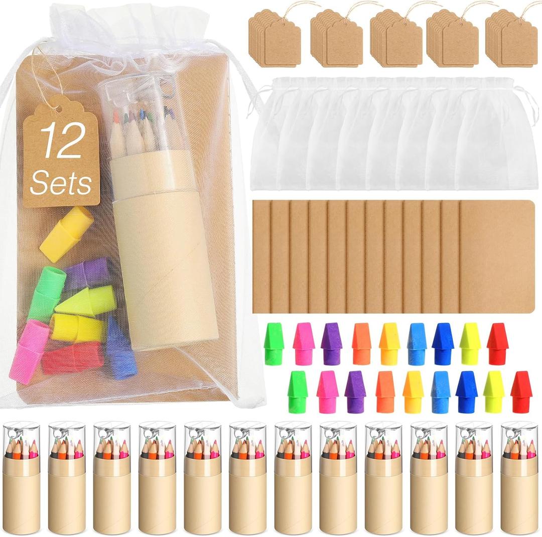 Skyygemm 12 Set Mini Colored Pencils Bulk with Sharpeners Party Favors Inspirational Rainbow Pencil Easter Gifts Mini Notebooks Erasers Cards and Clear Gift Bag (Wood Color)