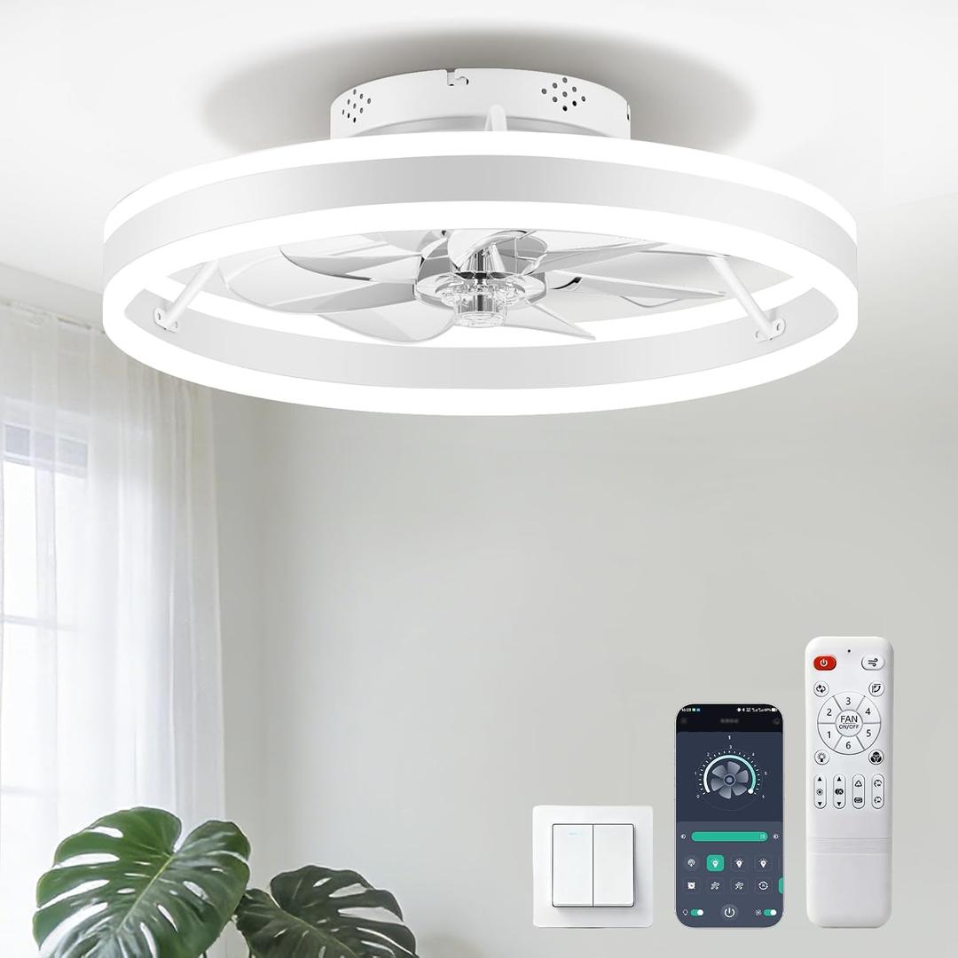 Ceiling Fans with Lights and Remote, 20" Low Profile Flush Mount Ceiling Fan, Pre-Assembled Design, Quiet DC Motor, 6 Wind Speeds, Dimmable 2700-6500K LED Light, Modern Ceiling Fan for Bedroom (White), 20.28 inches x 20.28 inches x 6.69 inches