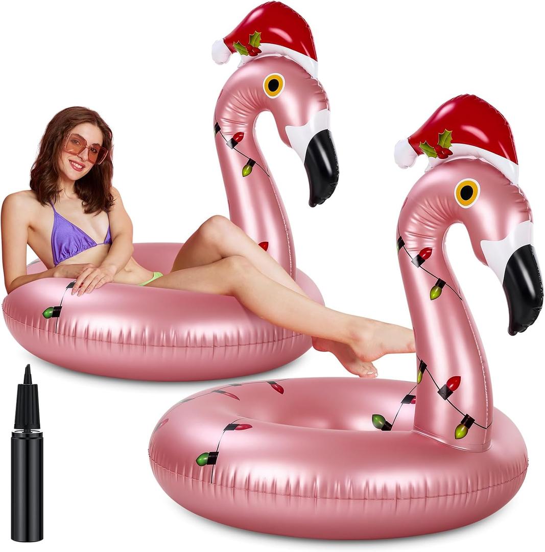 ShinyRelief 2 Pack Giant Flamingo Pool Floats 42" Christmas in July Flamingo Float with Pump Fun Inflatable Ride on Swim Tube Rings for Adults Christmas in July Summer Beach Pool Party Supplies