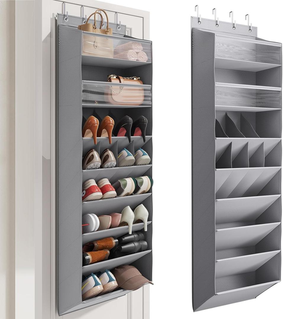 Mefirt 16-20 Pairs Over the Door Shoe Organizer, Clear Pockets Shoe Rack for Closet Door, Hanging Shoe Rack for Boots, Behind the Door Shoe Holder Fit All the Family's Sneakers, Boots, Heels, Grey
