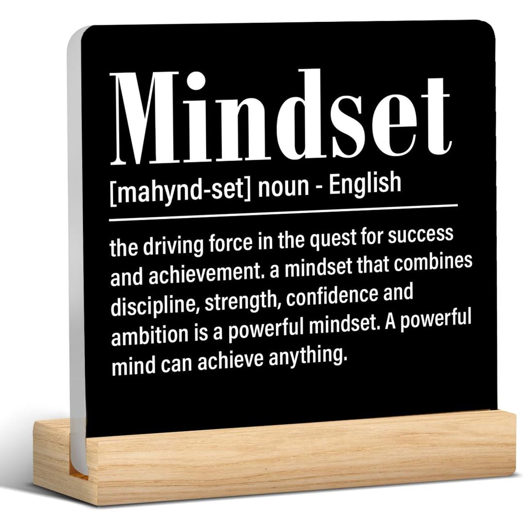 Office Desk Decor Inspirational Mindset Definition Acrylic Plaque Sign With Wooden Stand Motivational Gifts for Coworkers Employees Teammate Decoration for Home Office Cubicle
