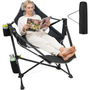 Suteck Hammock Camping Chair with Footrest, Oversized Swinging Folding Chair for Adults, Heavy Duty Portable Rocking Camp Chair with Cup Holder & Pillow for Beach, Patio, Lawn, Supports up to 500 lbs