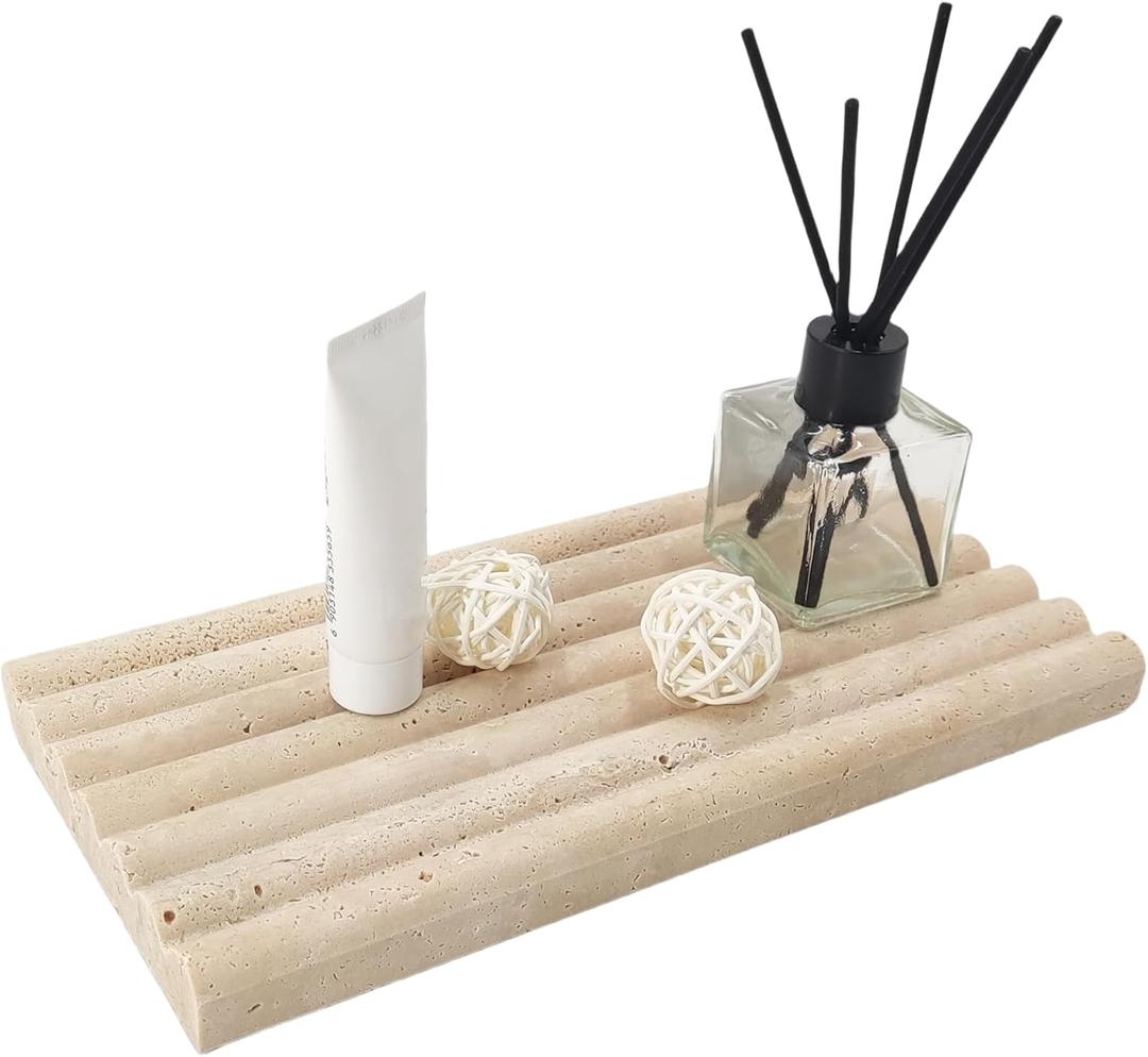 Natural Travertine Marble Tray for Bathroom Countertop Organizer,Vanity Decorative Stone Tray for Candles, Perfume, Jewelry Dish Ring Tray (Beige)